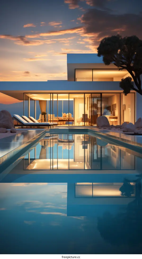 Modern Minimalist Villa with Pool at Sunset