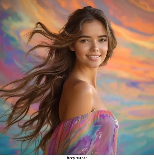 portrait of a beautiful smiling young woman with long brown hair wearing an off the shoulder dress in front of a colorful background