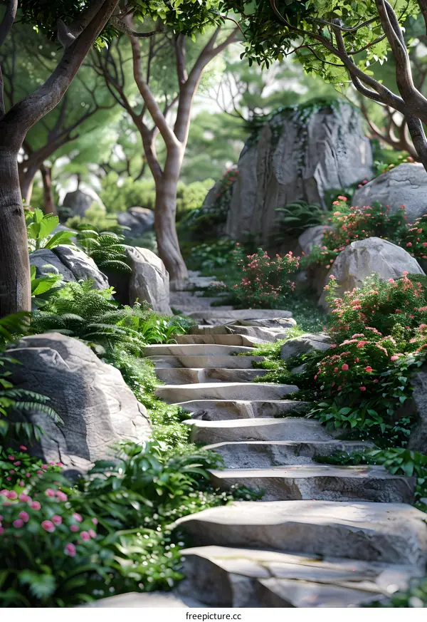 Stone steps in a magical forest