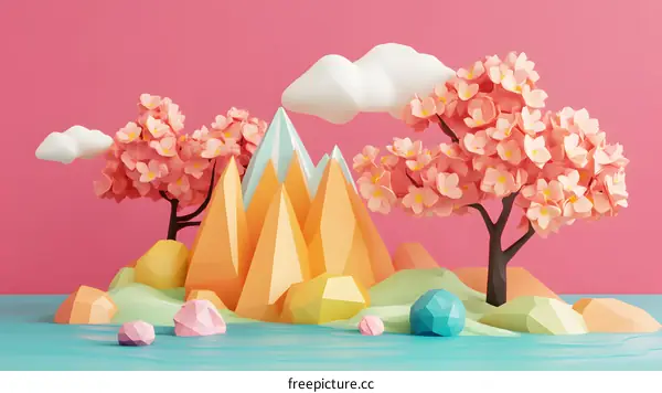 Low Poly Style Spring Landscape with Pink Flowers