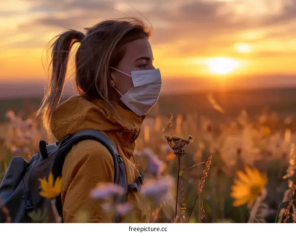 Young woman wearing a mask in a field of flowers at sunset