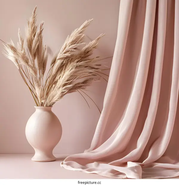Dried Pampas Grass in a Pink Vase Against a Pink Wall and Curtain