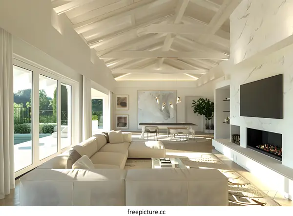 Modern Living Room Interior Design with Exposed Wooden Beams and White Walls