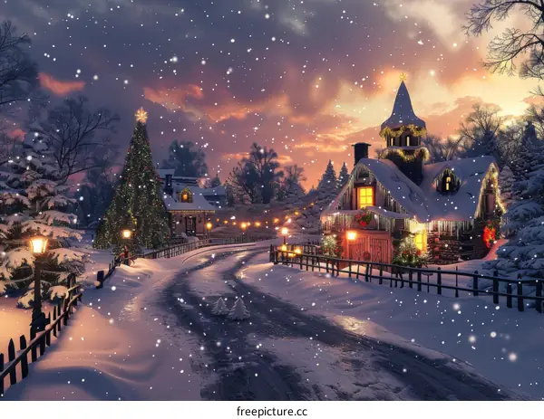 Snowy Village Christmas Scene with Decorated Tree and House