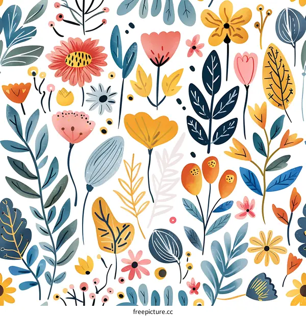 Floral Pattern with Yellow, Blue, Pink Flowers