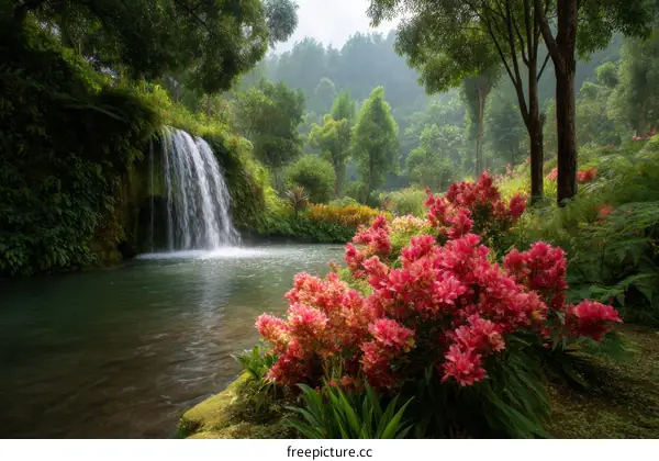 Peaceful Waterfall in a Lush Tropical Garden