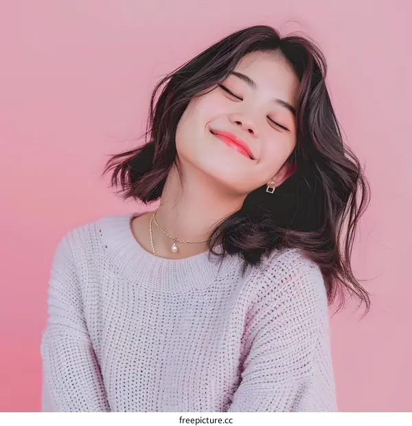 Portrait of a Young Asian Woman Smiling With Closed Eyes Against a Pink Background
