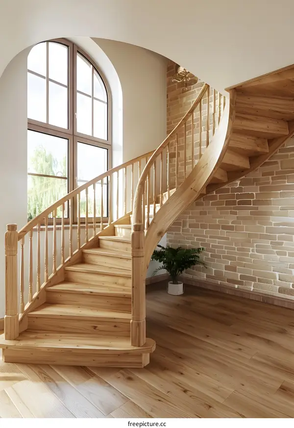 Wooden Staircase with a Brick Wall Background in a Modern House