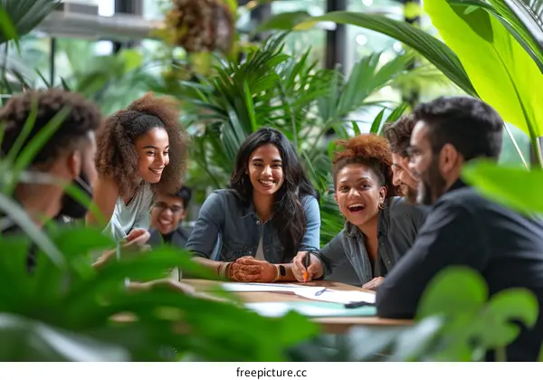 A group of diverse young professionals having a meeting in a greenhouse