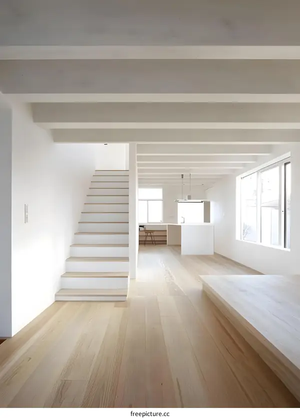Modern Minimalist Interior Design with Wooden Beams and Stairs