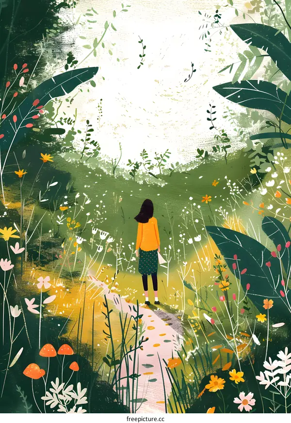 Woman Walking on Path Through Green Field