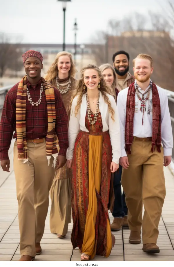 Multi-ethnic group of young adults walking on a bridge
