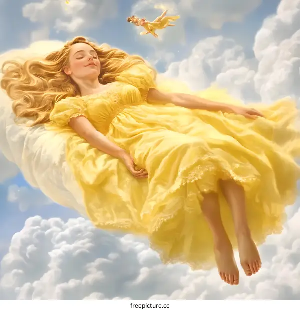 Woman Sleeping in the Clouds with Fairies