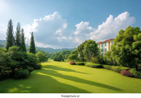 A Scenic Landscape with Lush Green Grass and Buildings
