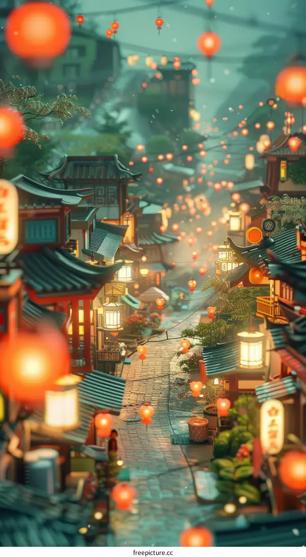 A bustling Asian street with red lanterns