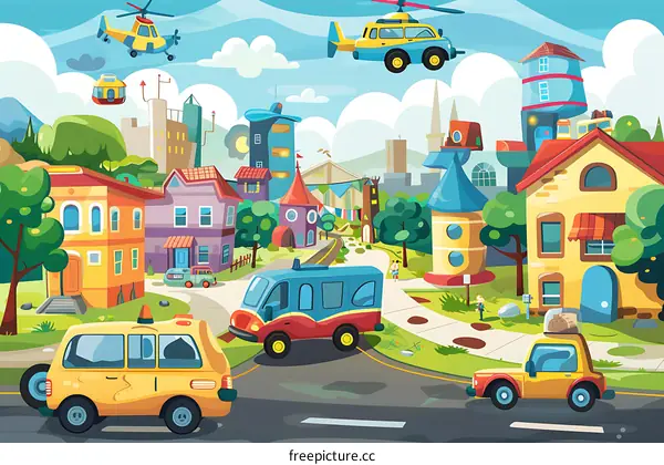 Cartoon Cityscape With Colorful Buildings And Vehicles