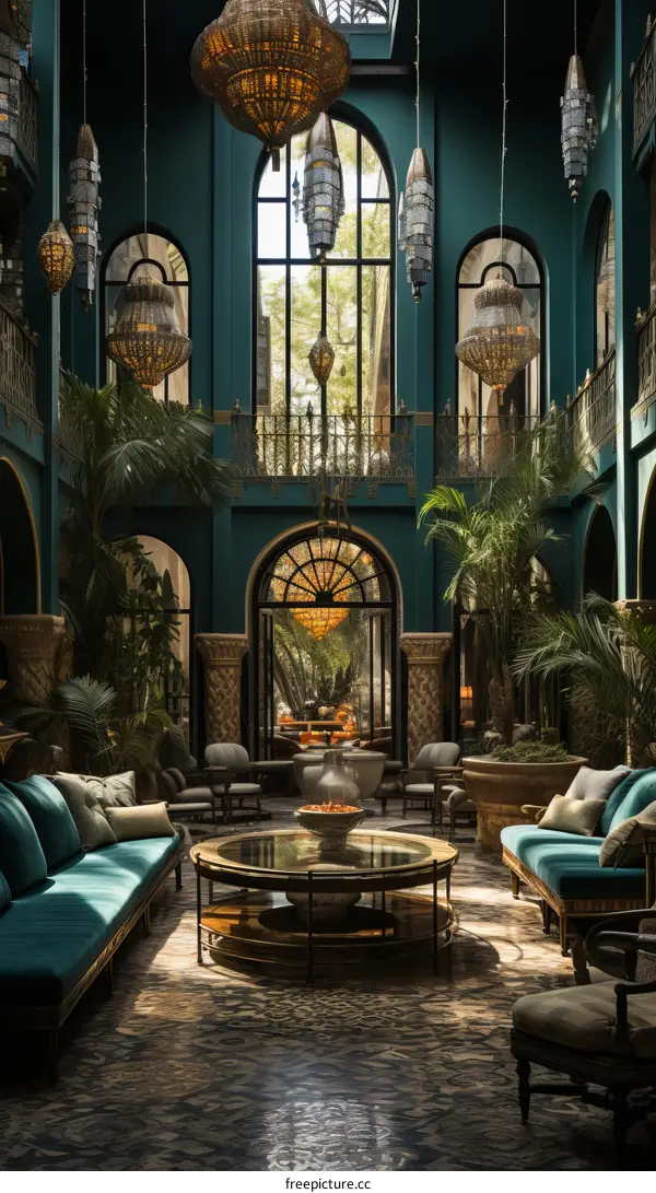 Ornate Moroccan Courtyard with Vaulted Arched Windows and Lush Plants