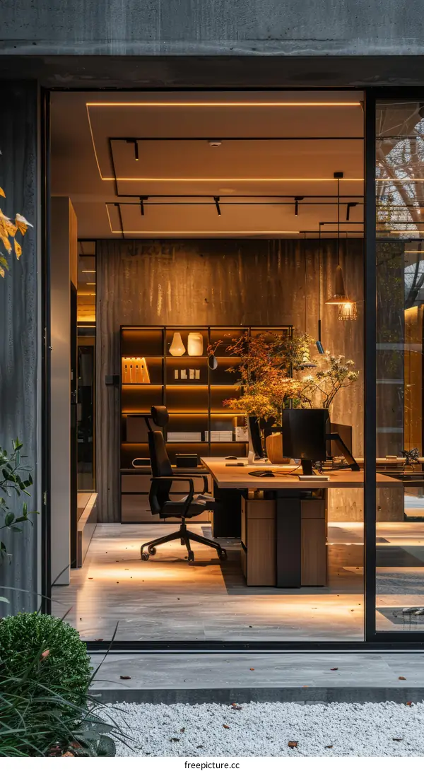 Office Interior Design with Dark Wood and Concrete