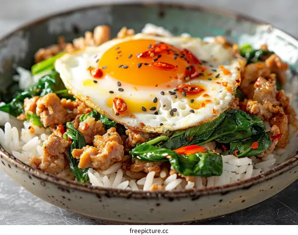 Savory Spicy Pork Spinach Rice Bowl with Sesame Seeds and Fried Egg