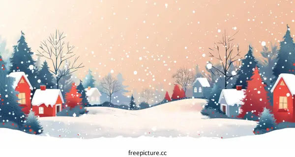 Snowy Village Landscape with Cozy Houses and Snow-Covered Trees