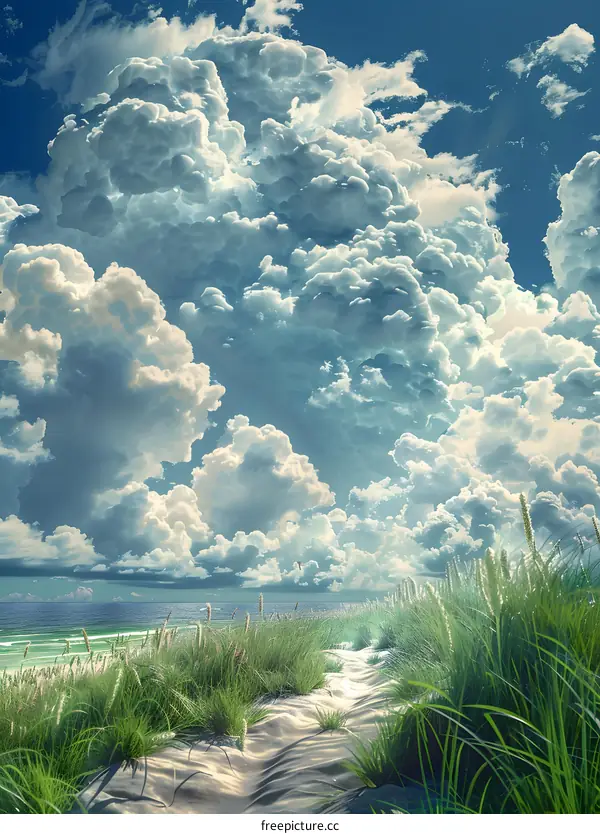 The beach under the blue sky and white clouds