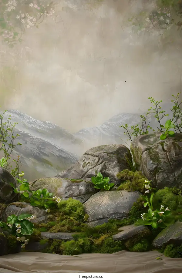 Green Mossy Rocks with Mountains Background