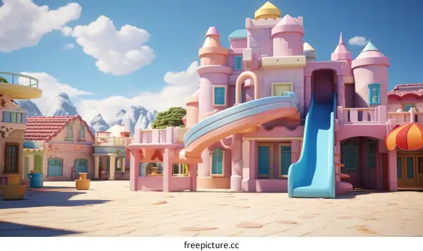 A pink and blue plastic children's playhouse with a slide and other features