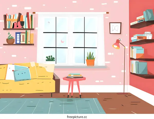 Cozy Living Room Interior Design with Bookshelves and Window