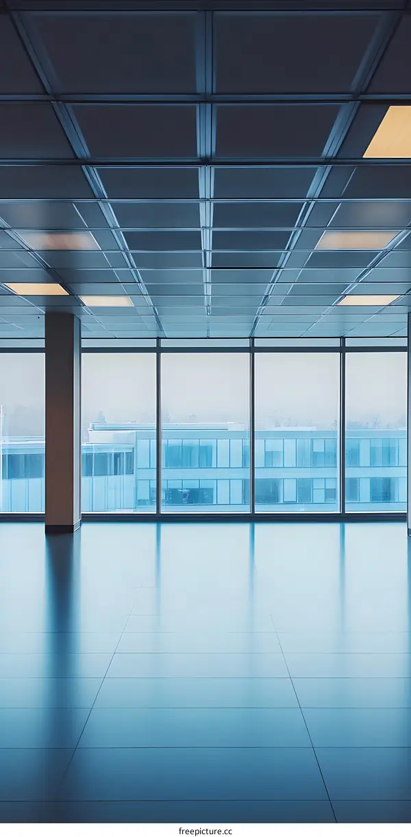 Modern Office Interior with Large Windows and Tiled Ceiling