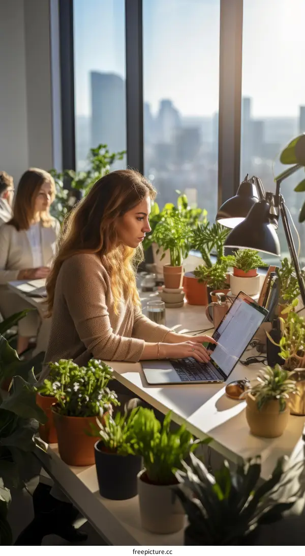 Young woman working on laptop in office with plants