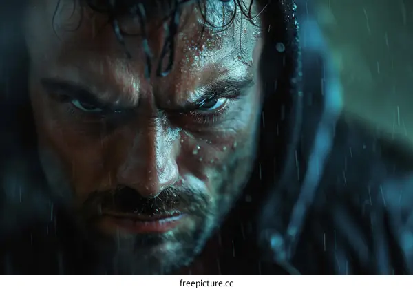 Close-up Portrait of a Determined Man in the Rain