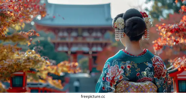 A woman wearing a kimono is standing in a garden with a traditional Japanese house in the background