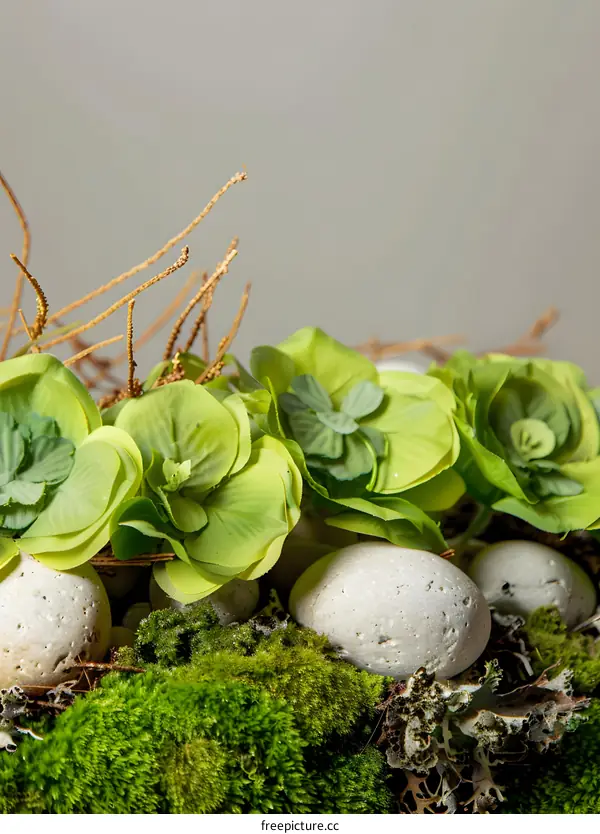 Green Flower Arrangement with Moss and White Stones
