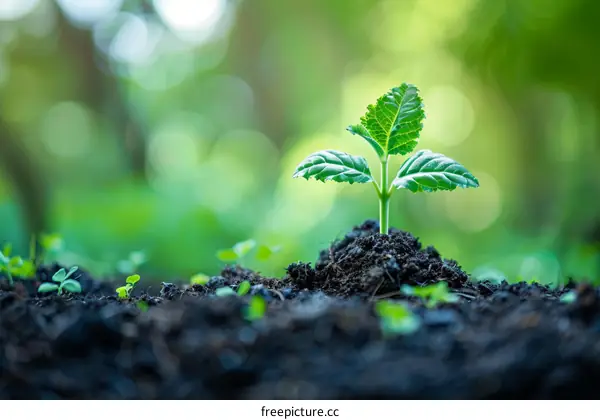 Green Plant Sprouting in Soil with Blurred Background