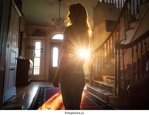 Woman Bathed in Sunlight in Victorian Home