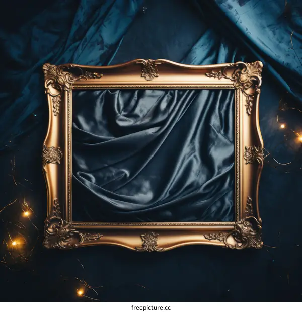 ornate gold frame with blue draped cloth and fairy lights