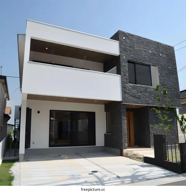Modern Japanese House With White Walls and Black Stone Exterior