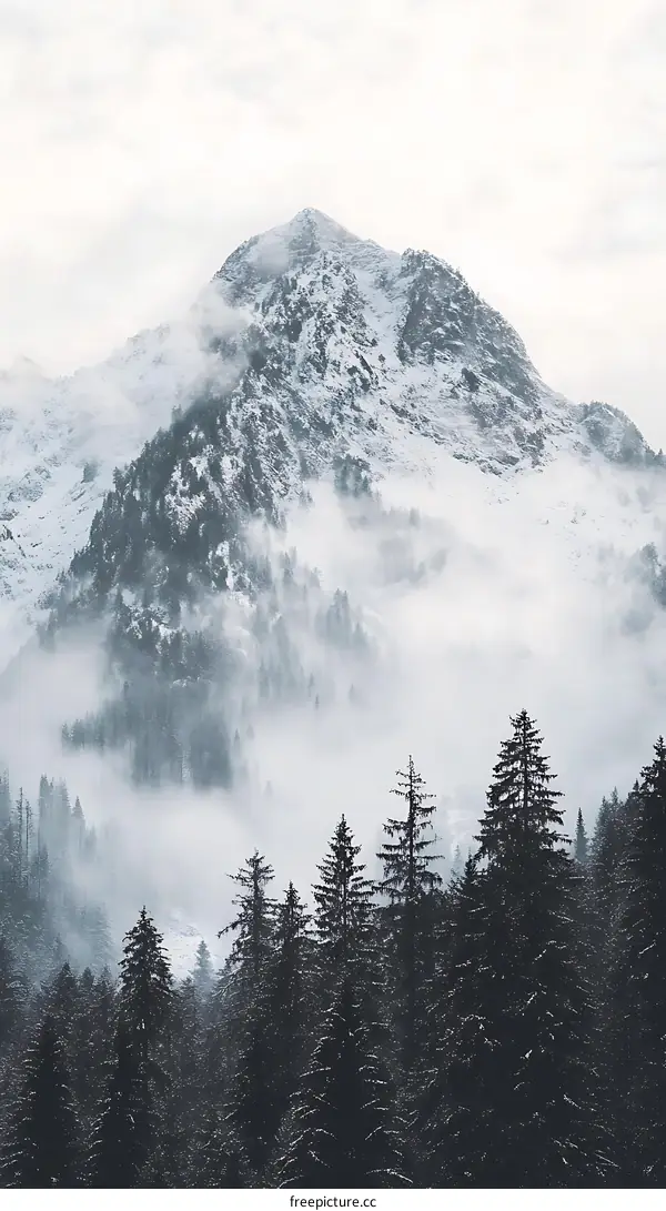 Snowy Mountain Peak and Forest in the Fog