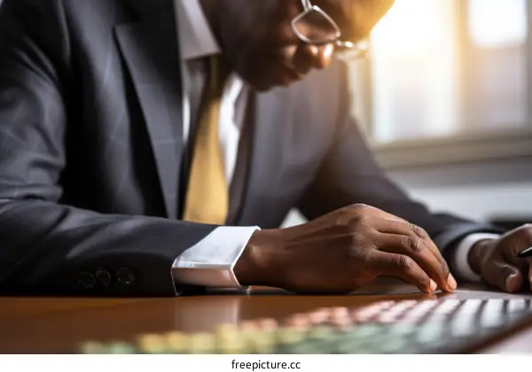 Black businessman working at desk in office