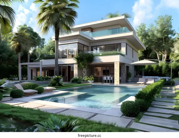Modern Villa With Swimming Pool And Palm Trees