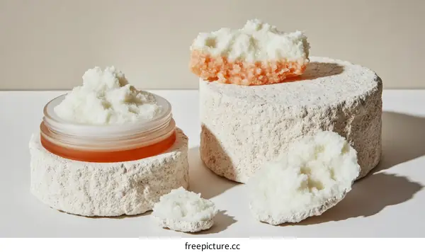 Natural Skincare Scrub Display on Decorative Stone Pedestal