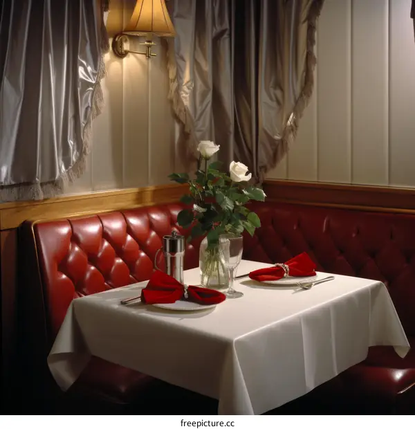 A romantic dinner table with a vase of white roses