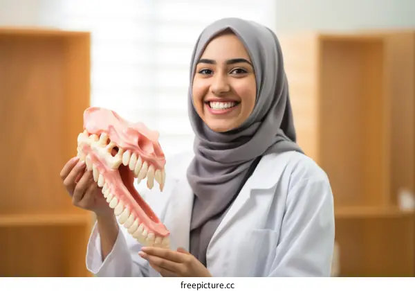 A smiling female dentist holding a model of a human jaw