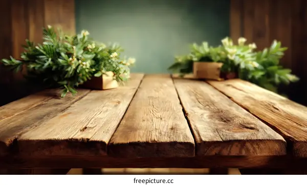 Rustic Wooden Table Top with Decorative Greenery
