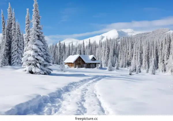 A Quaint Wooden Cabin Nestled in a Snowy Winter Forest
