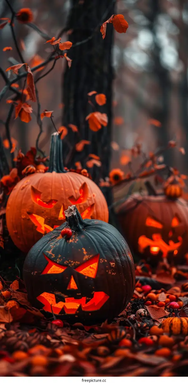 Spooky Halloween Pumpkins in the Woods