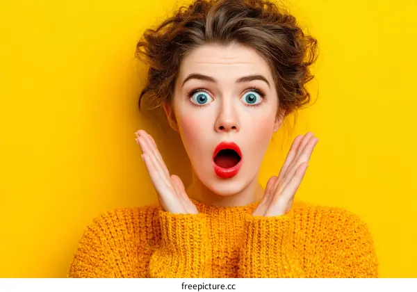 Surprised Woman in Mustard Yellow Sweater against Yellow Background