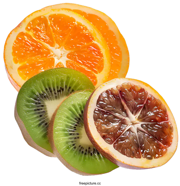 [Transparent Background PNG]Fresh Orange Kiwi and Blood Orange Slices Isolated on White Background