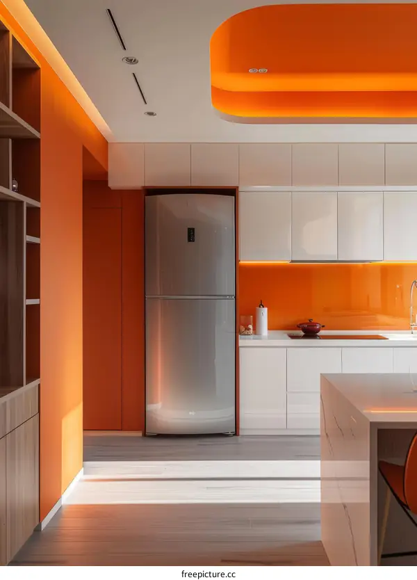 Modern Orange Kitchen with White Cabinets