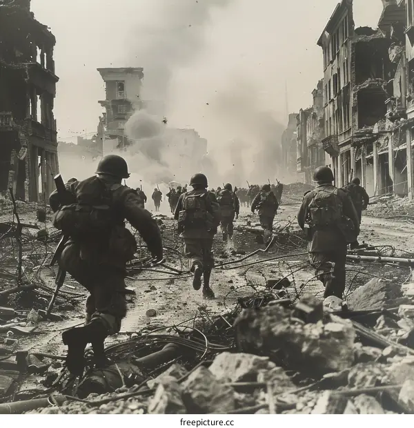 American soldiers running through the rubble of a destroyed city during World War II